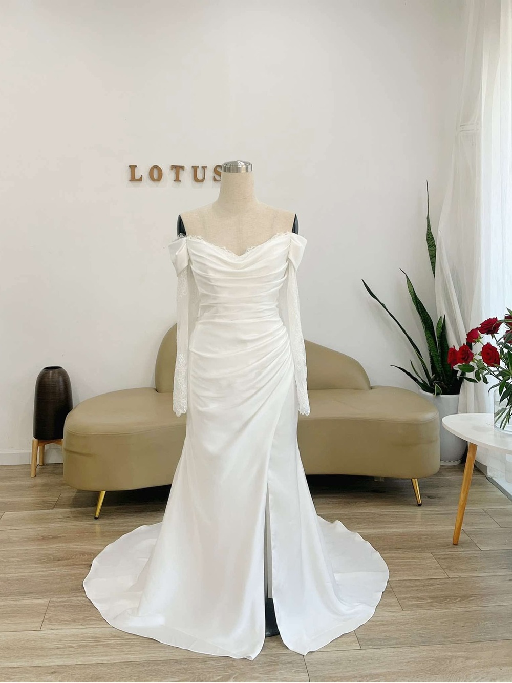Off-Shoulder White Bridal Gown with Lace Sleeves